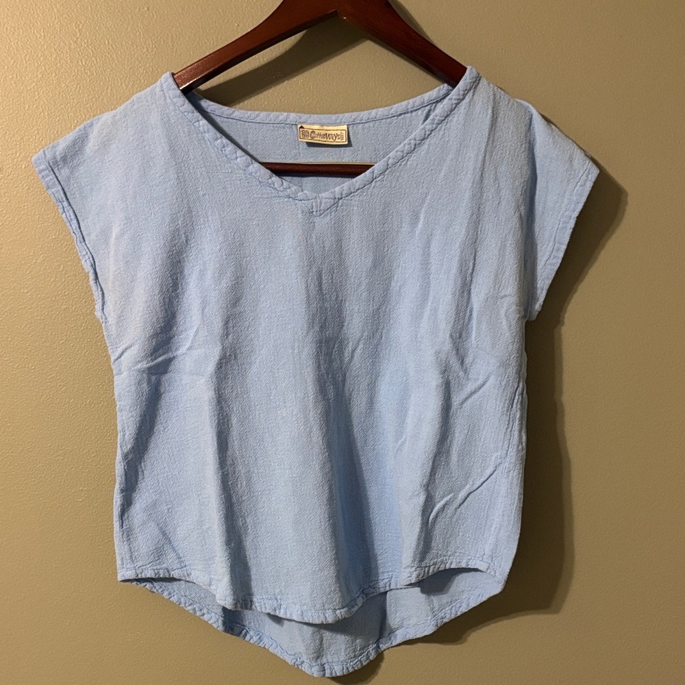 100% Cotton Casual Light Blue Short Sleeve Top
